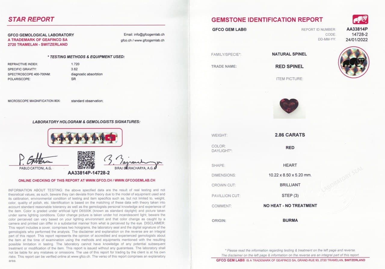 Сертификат Красная шпинель в огранке сердце 2,86 карат, Бирма