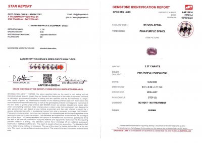 Сертификат Яркая шпинель в огранке кушон 2,27 карат, Бирма