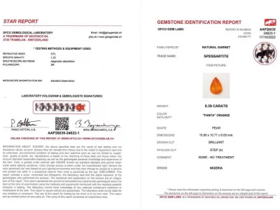 Сертификат Яркий спессартин цвета Fanta в огранке груша 8,39 карат, Нигерия