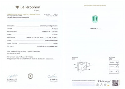 Сертификат Турмалин Lagoon в огранке кушон 4,47 карат, Афганистан