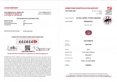 Сертификат Ярко-розовый гранат родолит в огранке овал 6,35 карат, Танзания
