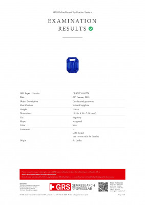 Сертификат Редкий синий сапфир в огранке октагон 7,10 карат, Шри-Ланка