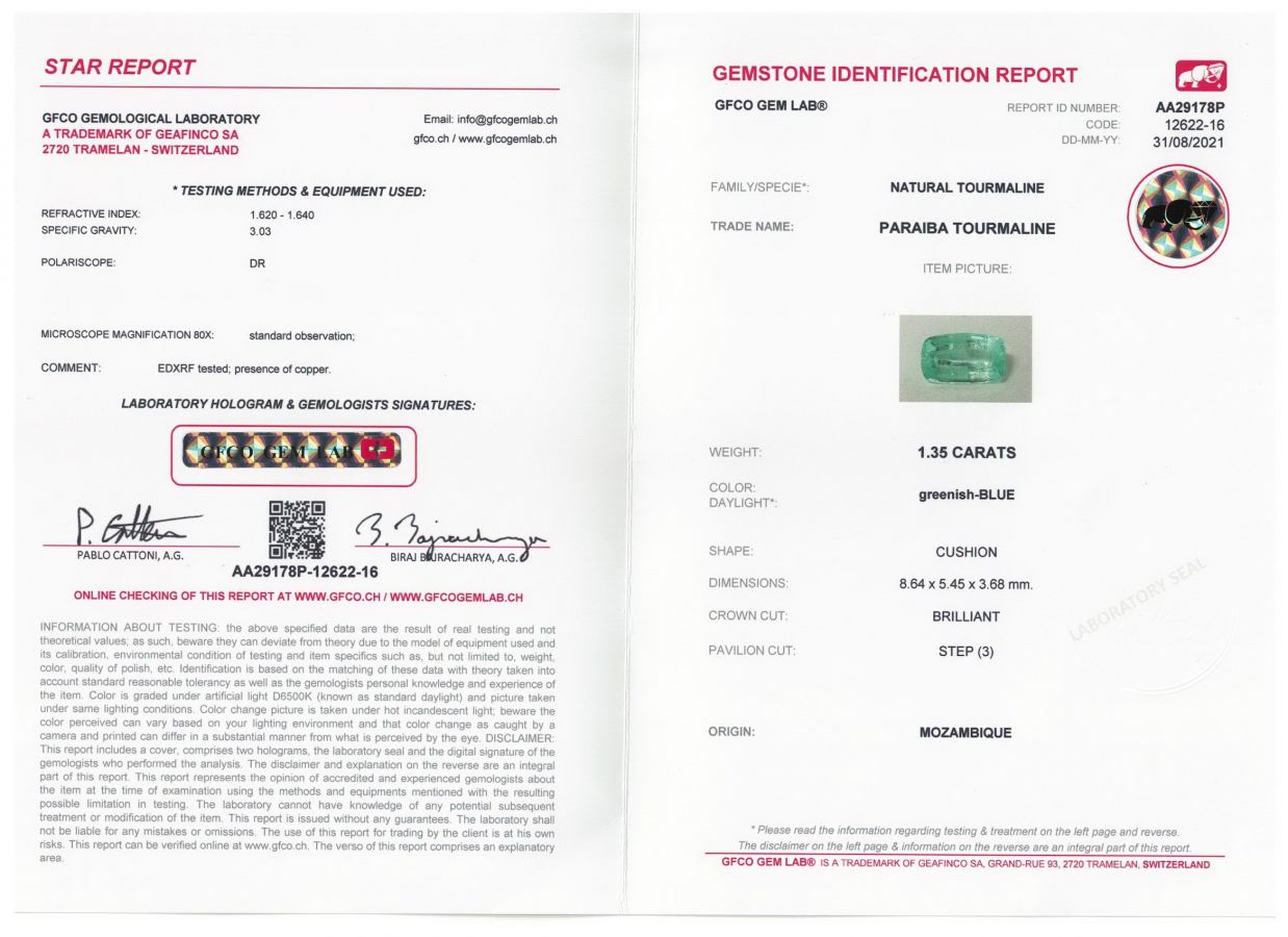 Сертификат Турмалин параиба в огранке кушон 1,35 карат, Мозамбик