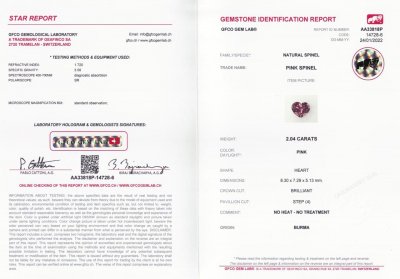 Сертификат Пурпурно-розовая шпинель в огранке сердце 2,04 карата, Бирма