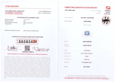 Сертификат Фиолетово-голубой сапфир в огранке октагон 4,05 карат, Шри-Ланка