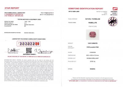 Сертификат Красно-розовый рубеллит в огранке кушон 3,63 карата, Нигерия