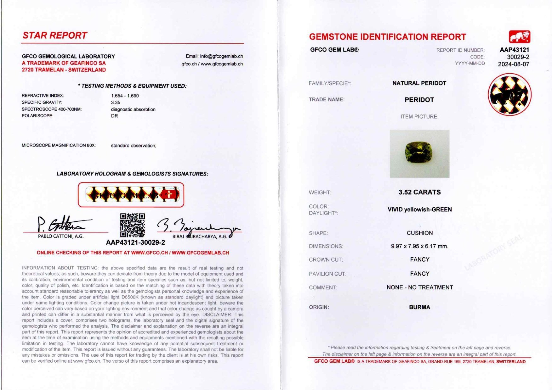 Пара перидотов из Бирмы в огранке кушон 6,84 карата  Изображение №5