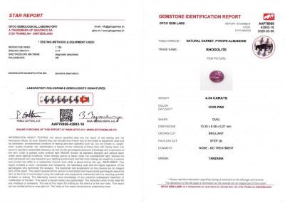Сертификат Ярко-розовый гранат родолит в окранке овал 4,34 карат, Танзания