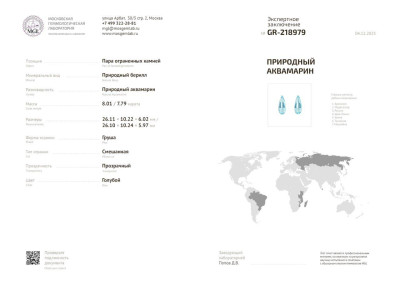 Сертификат Пара голубых аквамаринов в огранке груша 15,80 карат, Мадагаскар 