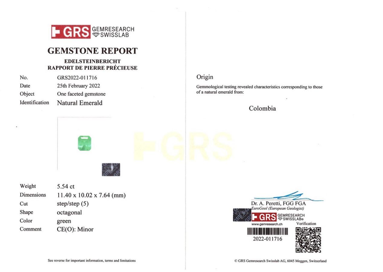 Сертификат Колумбийский изумруд в огранке октагон 5,54 карата, GRS