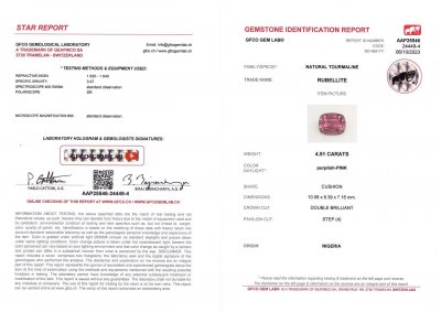 Сертификат Яркий пурпурно-розовый рубеллит в огранке кушон 4,51 карата