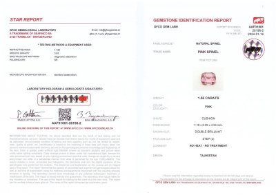 Сертификат Розовая шпинель 1,56 карата в огранке кушон, Таджикистан