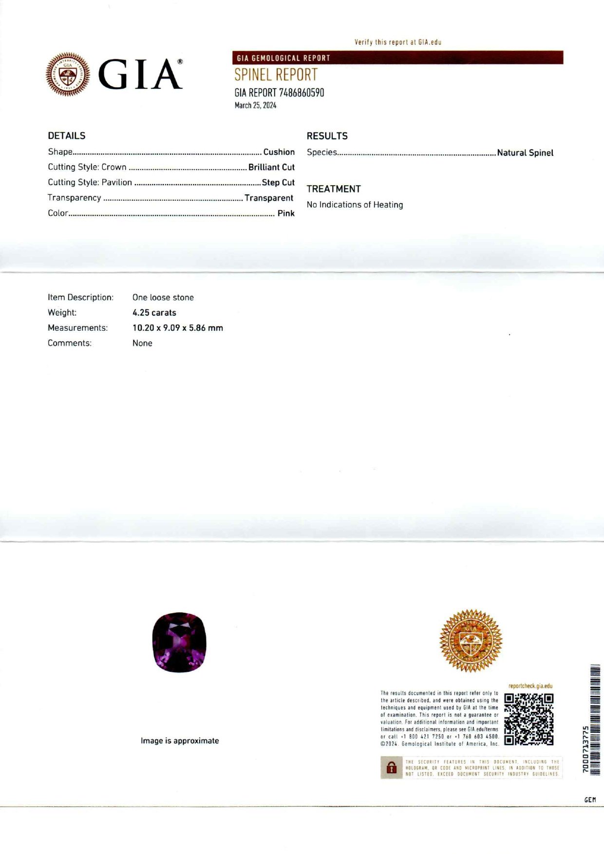 Бирманская шпинель в огранке кушон 4,25 карата цвета Mauve   Изображение №6