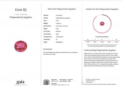 Сертификат Негретый ярко-розовый сапфир Падпараджа в огранке овал 4,36 карата, Мадагаскар