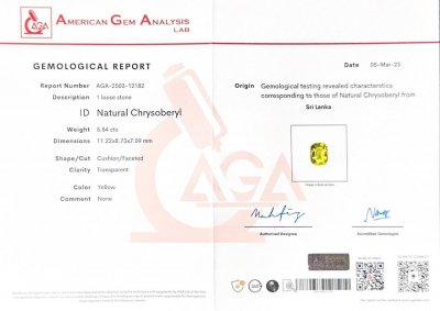 Сертификат Желтый хризоберилл в огранке кушон 5,84 карата, Шри-Ланка