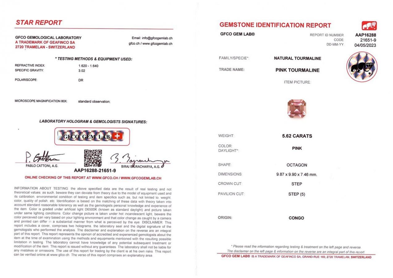 Сертификат Розовый турмалин в высокоточной огранке ашер 5,62 карата, Конго