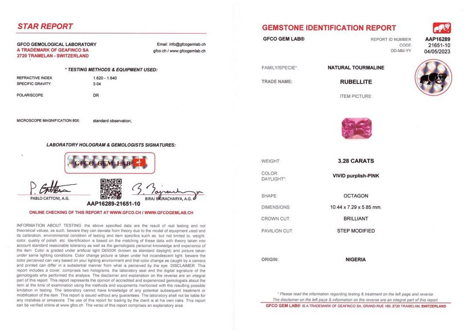 Сертификат Рубеллит редкого цвета hot pink в огранке радиант 3,28 карата, Нигерия