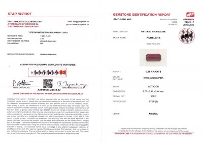 Сертификат Насыщенный красно-розовый турмалин в огранке октагон 0,68 карат