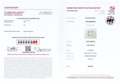 Сертификат Аквамарин в огранке октагон 3,49 карат, Мадагаскар