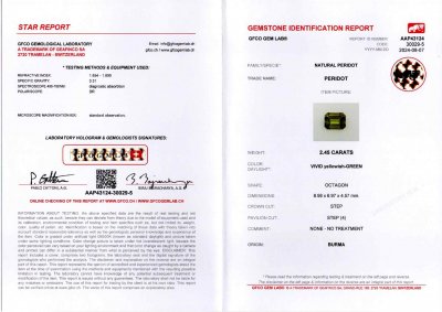 Сертификат Пара перидотов из Бирмы в огранке октагон 4,69 карата