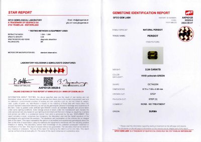 Сертификат Пара перидотов из Бирмы в огранке октагон 4,69 карата