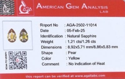 Сертификат Пара негретых желтых сапфиров в огранке груша 2,47 карата, Мадагаскар 