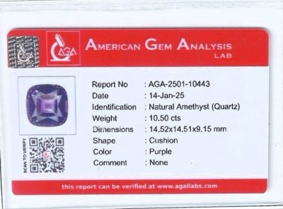Сертификат Аметист в огранке кушон 10,50 карата, Бразилия 