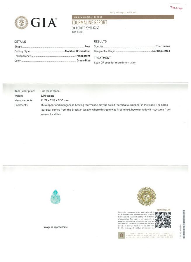Сертификат Турмалин параиба в огранке груша голубовато-зеленого цвета 2,90 карат, Мозамбик GIA