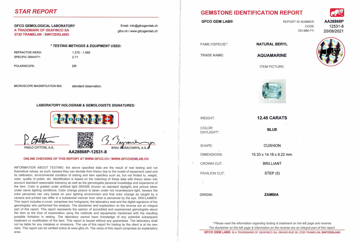 Сертификат Насыщенный аквамарин в огранке кушон 12,45 карат, Замбия, GFCO