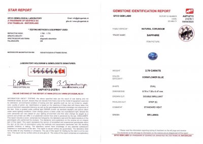 Сертификат Насыщенный сапфир цвета Cornflower в огранке овал 2,79 карата, Шри-Ланка