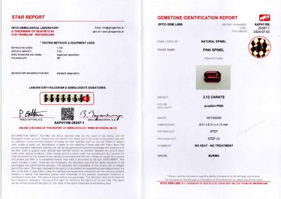 Сертификат Бирманская розовая шпинель в огранке октагон 2,12 карата