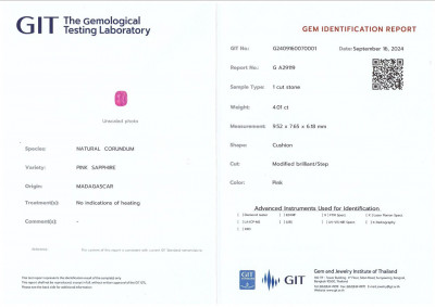 Сертификат Негретый розовый сапфир в огранке кушон 4,01 карат, Мадагаскар 