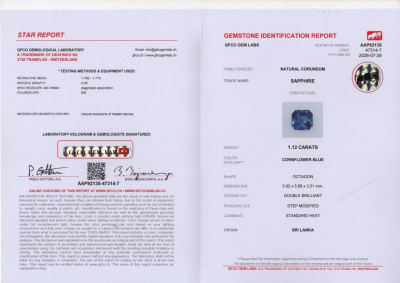 Сертификат Сапфир Cornflower Blue в огранке радиант 1,12 карата, Шри-Ланка