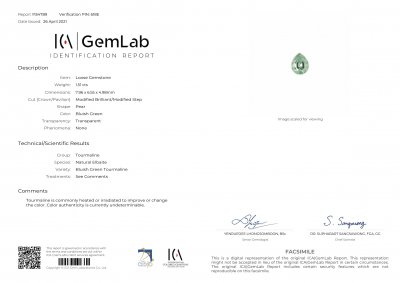 Сертификат Голубовато-зеленый турмалин в огранке груша 1,51 карата