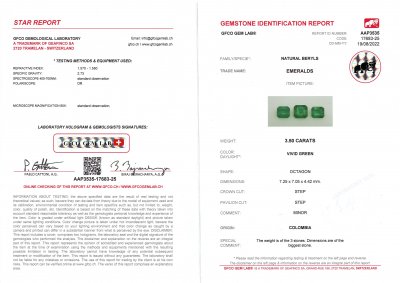 Сертификат Сет из трех колумбийских изумрудов 3,50 карат, Vivid Green