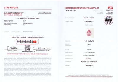 Сертификат Розово-пурпурная шпинель из Таджикистана в огранке груша 1,43 карат