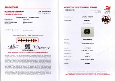 Сертификат Пара перидотов из Бирмы в огранке октагон 7,70 карата 