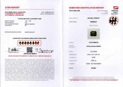 Сертификат Пара перидотов из Бирмы в огранке октагон 7,70 карата 
