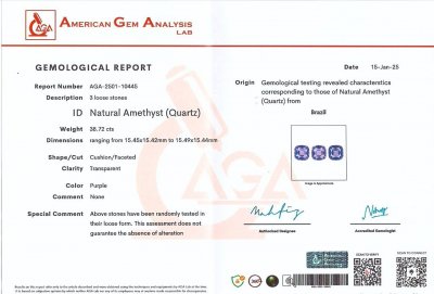 Сертификат Сет из аметистов в огранке кушон 38,72 карата, Бразилия 