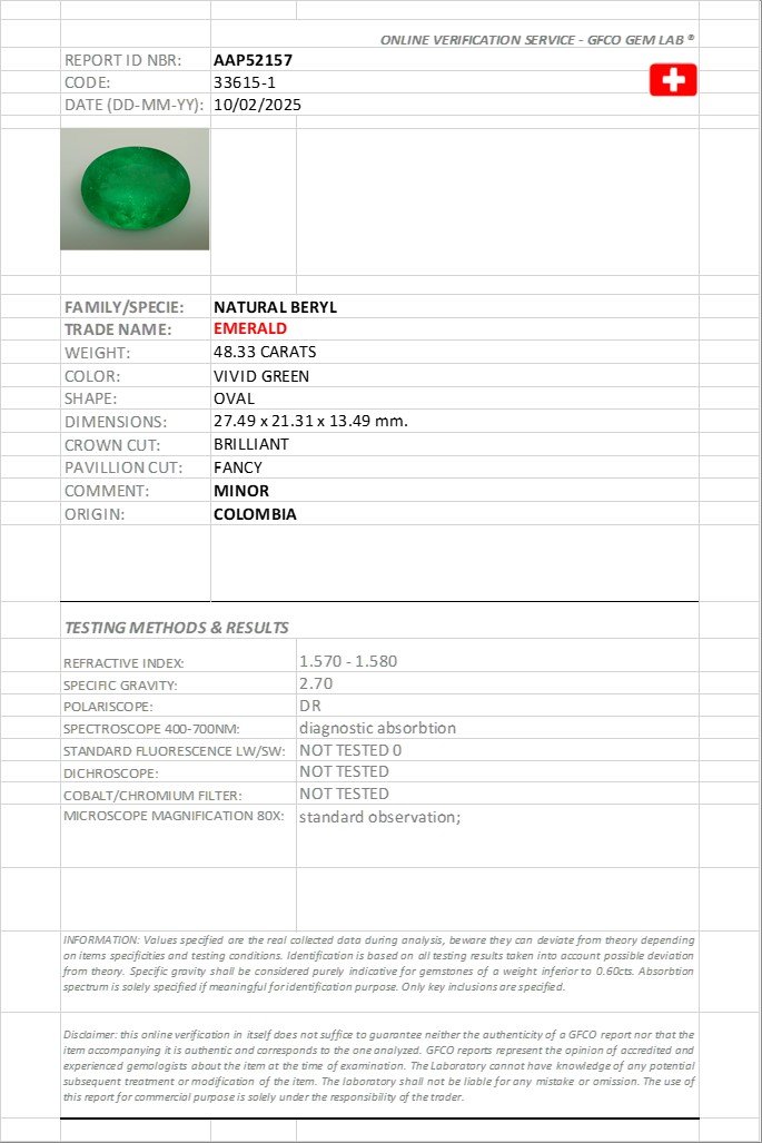 Изумруд Intense Green в огранке овал 48,33 карата, Колумбия Изображение №6