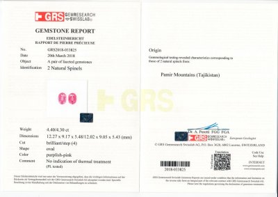 Сертификат Пара розовых шпинелей в огранке овал 8,70 карата, Таджикистан, GRS