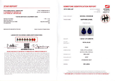 Сертификат Пара сапфиров Royal Blue в огранке груша 2,83 карат, Шри-Ланка