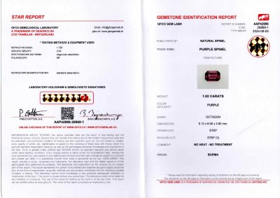 Сертификат Бирманская розовая шпинель в огранке октагон 1,92 карата  
