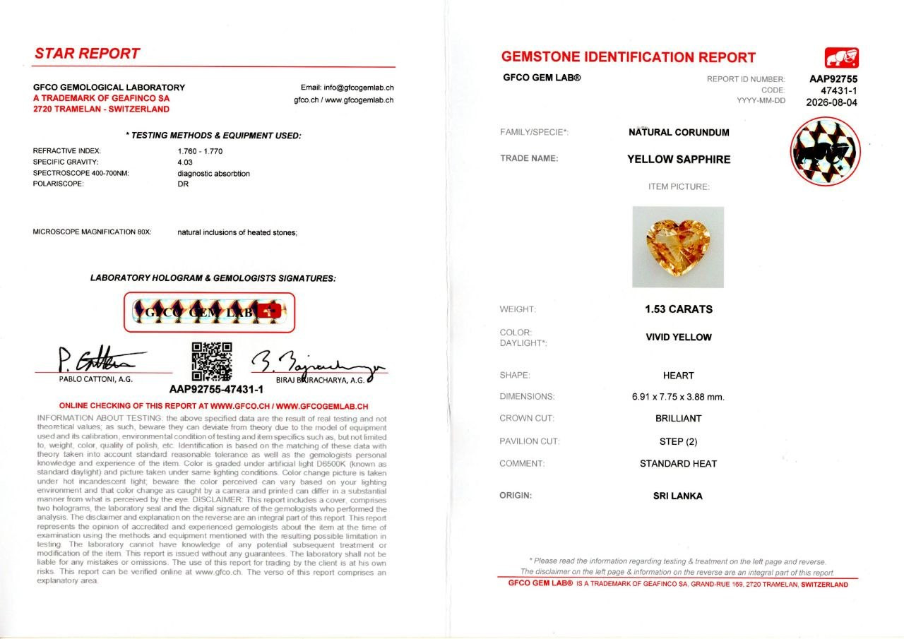 Сапфир Vivid Yellow в огранке сердце 1,53 карата, Шри-Ланка Изображение №6