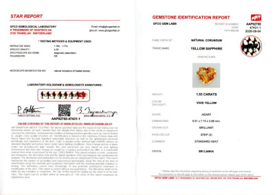 Сертификат Сапфир Vivid Yellow в огранке сердце 1,53 карата, Шри-Ланка