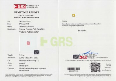 Сертификат Негретый сапфир падпараджа 3,24 карата, Шри-Ланка, GRS