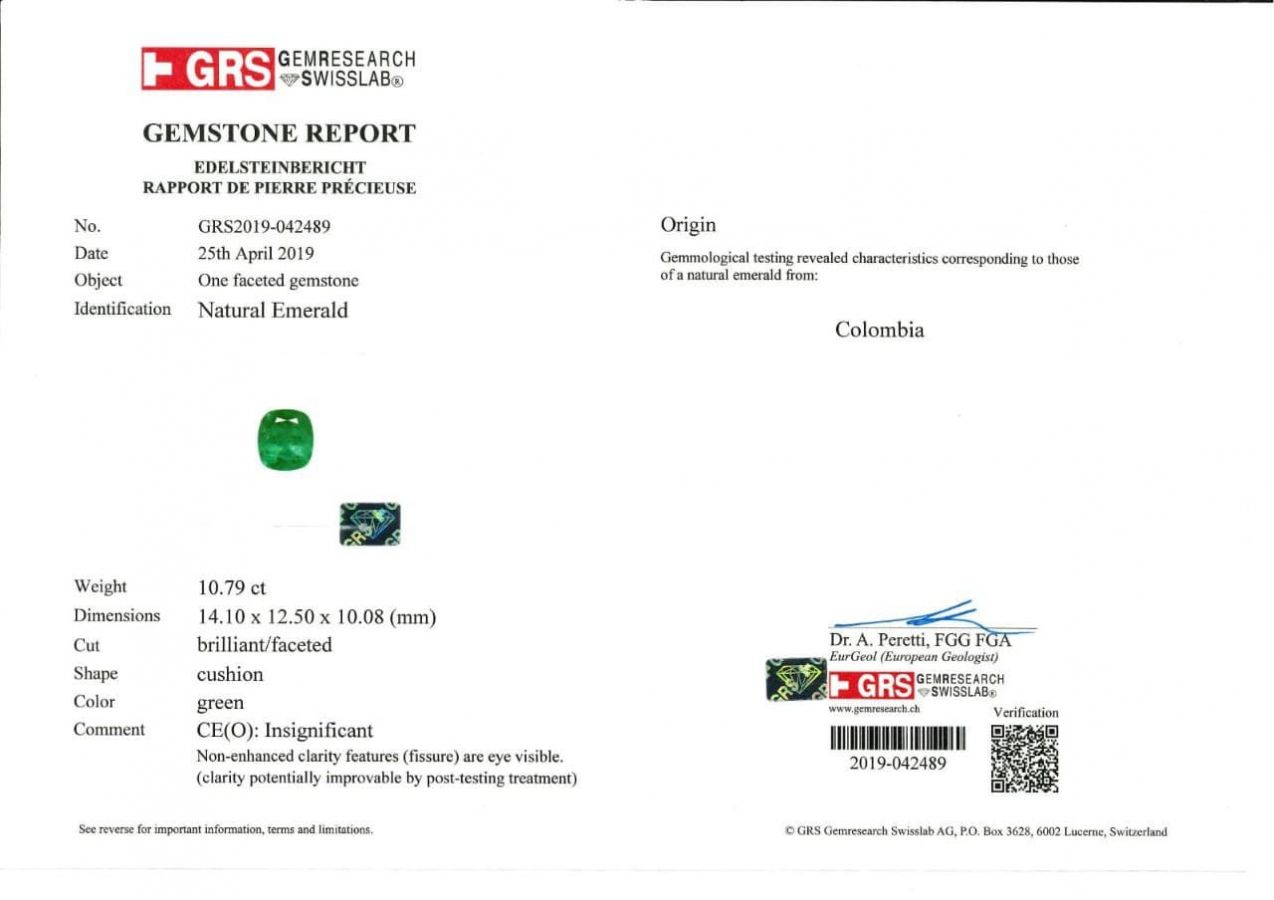 Сертификат Уникальный крупный колумбийский изумруд 10,79 карата, GRS (Insignificant)