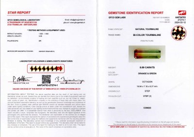 Сертификат Полихромный турмалин в огранке октагон 8,89 карата