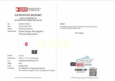 Сертификат Негретый сапфир Падпараджа в огранке овал 4,10 карат, Шри-Ланка 