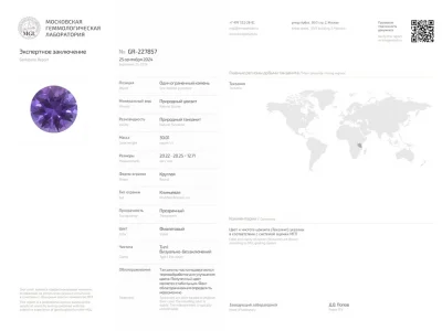 Сертификат Крупный танзанит в огранке круг 30,01 карат, Танзания